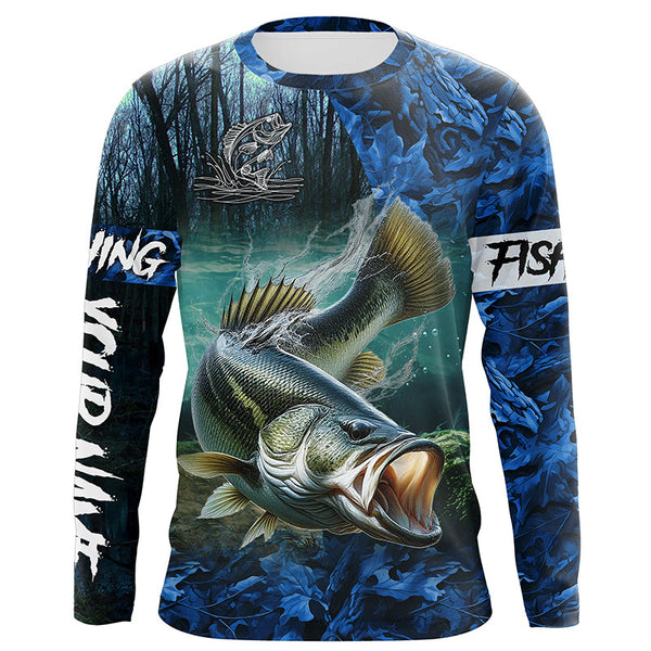 Largemouth bass Fishing blue camo customize name UV protection long sleeves shirts fishing apparel NQS2310