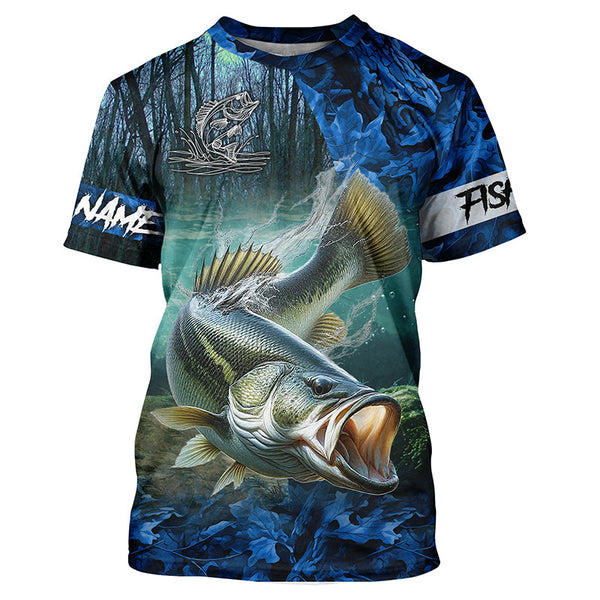 Largemouth bass Fishing blue camo customize name UV protection long sleeves shirts fishing apparel NQS2310