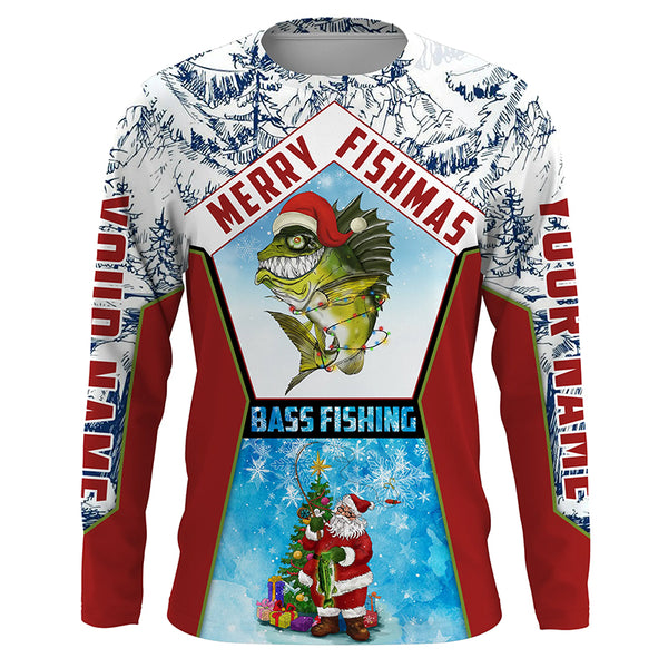 Merry fishmas Bass Fishing custom name sun protection long sleeve fishing shirts, Santa fishing jersey NQS4455