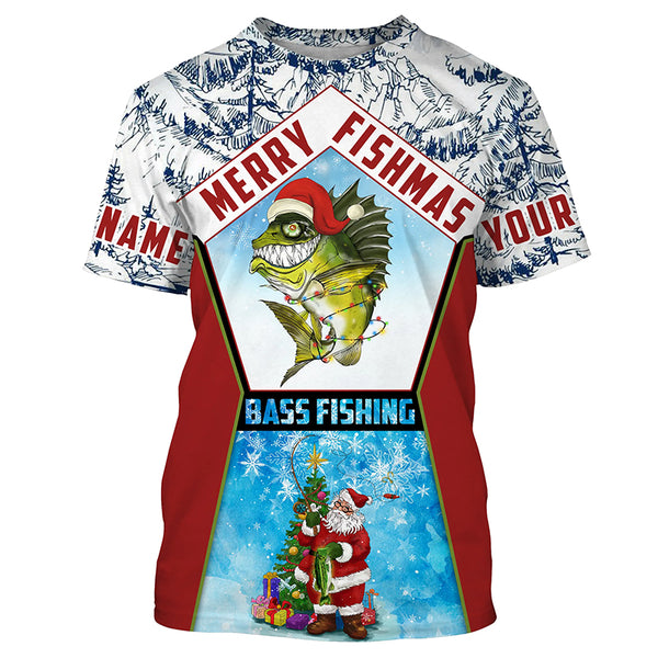 Merry fishmas Bass Fishing custom name sun protection long sleeve fishing shirts, Santa fishing jersey NQS4455