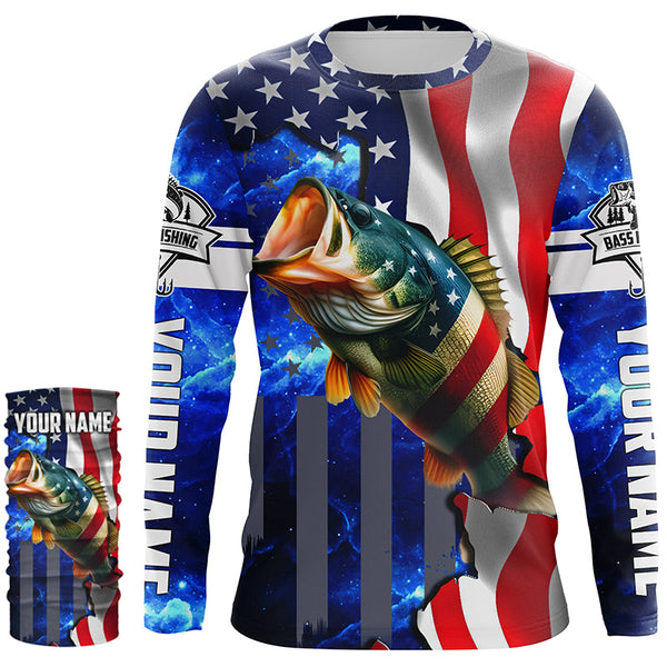 Bass Fishing American Flag patriotic UV protection Custom name long sleeves shirt NQS926