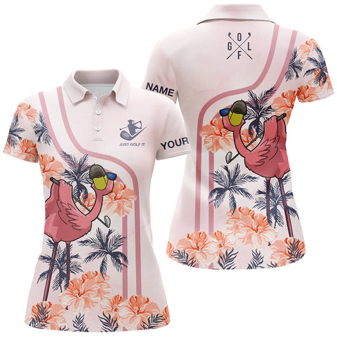 Just golf it Women golf polo shirt pink tropical flamingo pattern custom name golf gift for women NQS3698