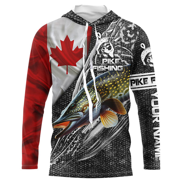 Canadian Flag Northern Pike Fishing Custom long sleeve performance Fishing Shirt, pike Fishing jerseys NQS3538