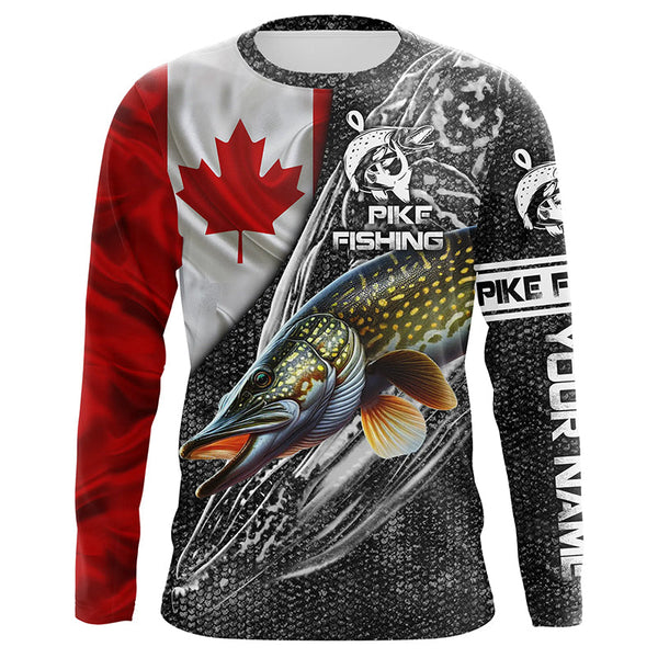 Canadian Flag Northern Pike Fishing Custom long sleeve performance Fishing Shirt, pike Fishing jerseys NQS3538