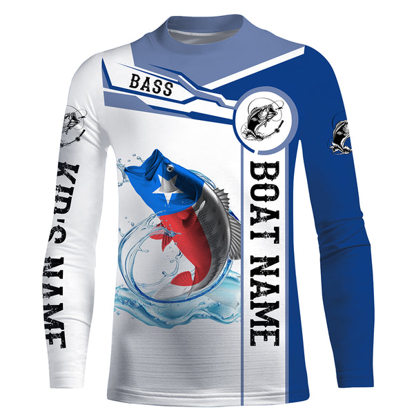 Texas Bass Fishing Texas Flag Custom name and boat name performance Long Sleeve Fishing Shirts, Patriotic Fishing gifts - NQS2321