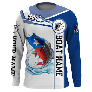 Texas Bass Fishing Texas Flag Custom name and boat name performance Long Sleeve Fishing Shirts, Patriotic Fishing gifts - NQS2321