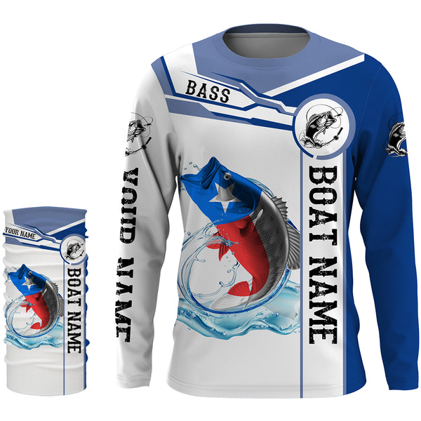 Texas Bass Fishing Texas Flag Custom name and boat name performance Long Sleeve Fishing Shirts, Patriotic Fishing gifts - NQS2321