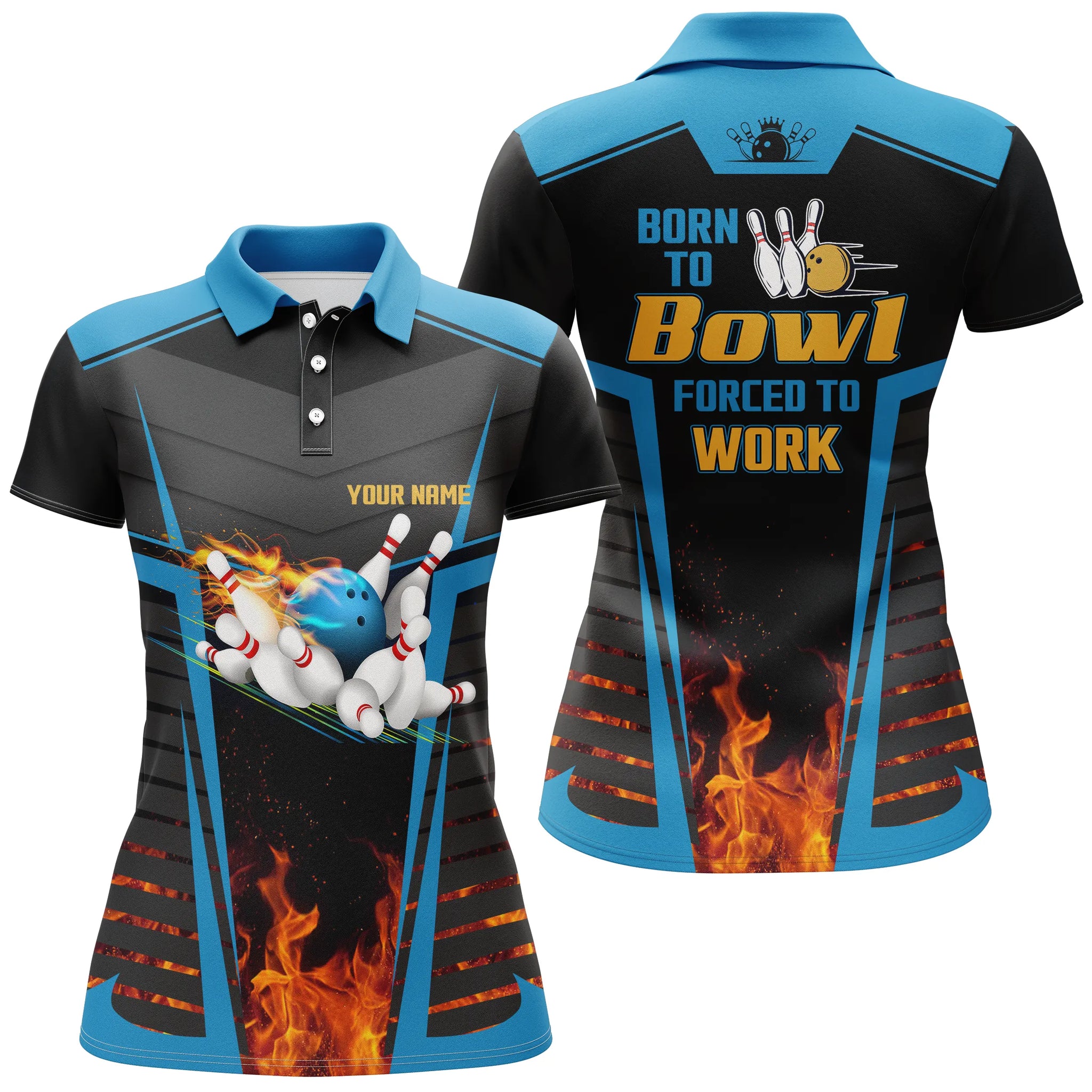 Women's bowling polo shirts custom name born to bowl forced to work, flame bowlers jersey | Blue NQS4848