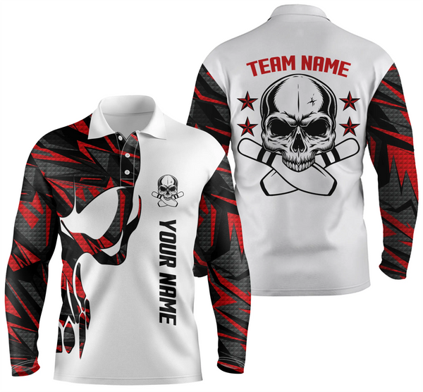 Red and white Bowling polo shirts for men custom name and team name Skull Bowling, bowling team shirts NQS4699