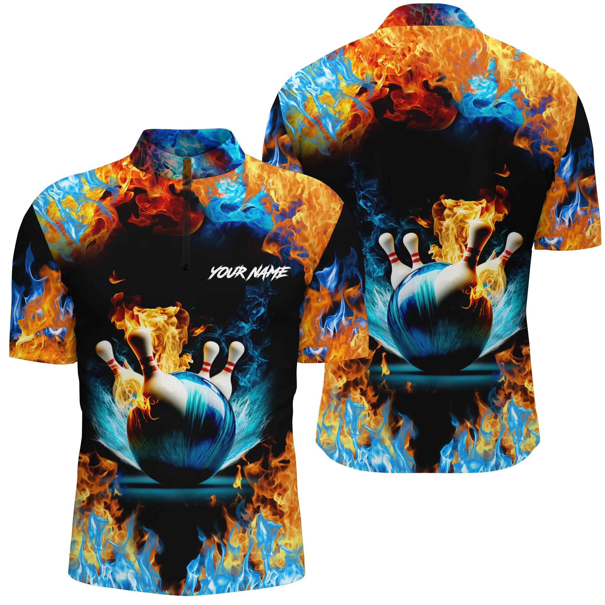 Water fire background custom name short sleeve Quarter Zip bowling shirts for men, bowling team shirts NQS4705