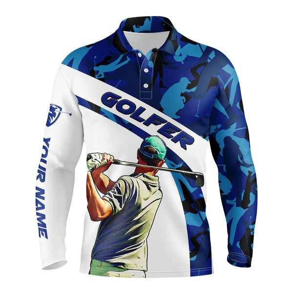 Mens golf polo shirt blue camo custom name best mens golf wear, personalized golf gifts NQS3437