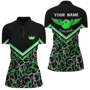 Personalized 3D bowling shirts for women, Custom black green Quarter Zip Bowling Shirts for Girls NQS4708