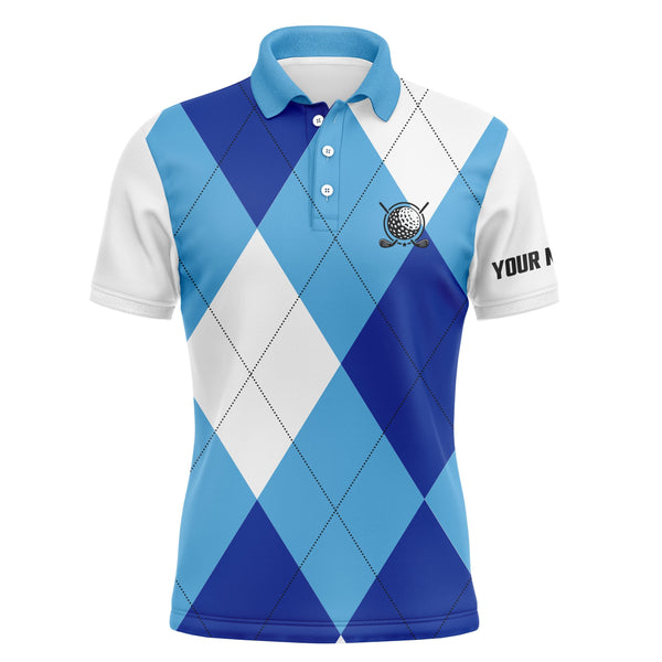 Mens golf polos shirts custom name blue and white golf pattern, personalized golf gifts NQS4516