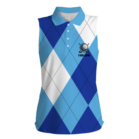 Womens sleeveless polo shirt custom name blue and white golf pattern, personalized golf gifts NQS4516