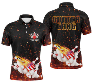 Personalized flame American flag Bowling polo shirt for men Custom Gutter gang team bowling shirts NQS4665