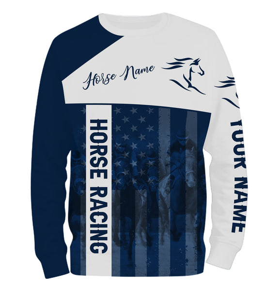 American horse running racing blue Customize Name and Horse name 3D All Over Printed Shirts Personalized gifts for team rider NQS2805