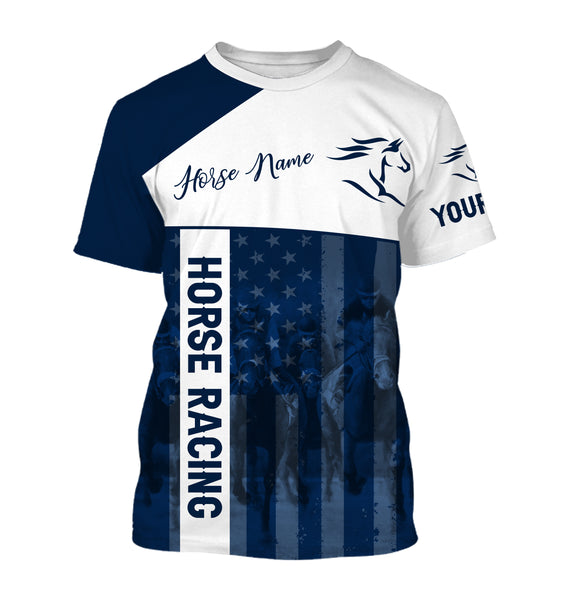 American horse running racing blue Customize Name and Horse name 3D All Over Printed Shirts Personalized gifts for team rider NQS2805