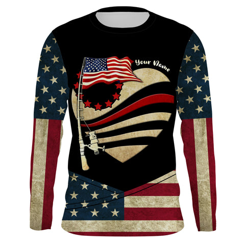 American Flag fishing rod Custom Name US flag long sleeves, hooded fishing shirt, Personalized Gifts for Fisherman NQS2930