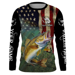 Walleye Fishing 3D American Flag Patriotic Customize name UV protection long sleeve fishing shirts NQS467