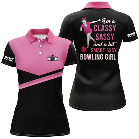 Custom pink women bowling polo shirts I'm a classy sassy and a bit smart assy bowling girl NQS4677