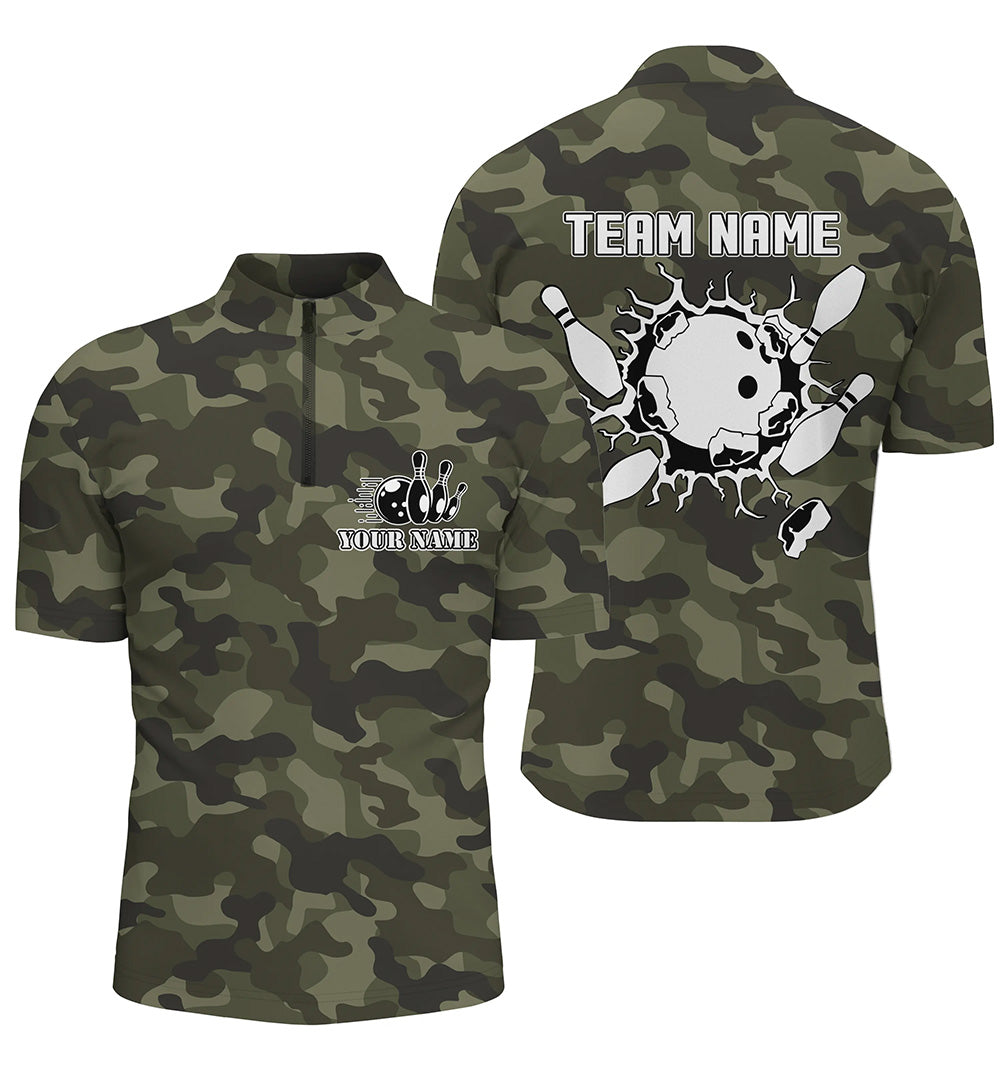 Bowling Quarter Zip shirts for men Custom bowling ball and pins green camo Bowling Team Jersey NQS5261