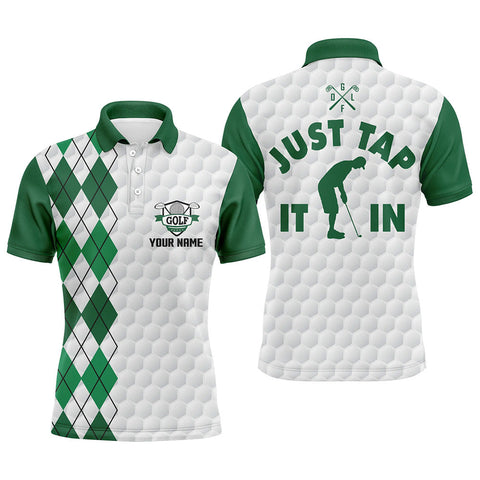 White golf shirt mens custom name Just tap it in green argyle pattern team mens polo golf shirts NQS5490