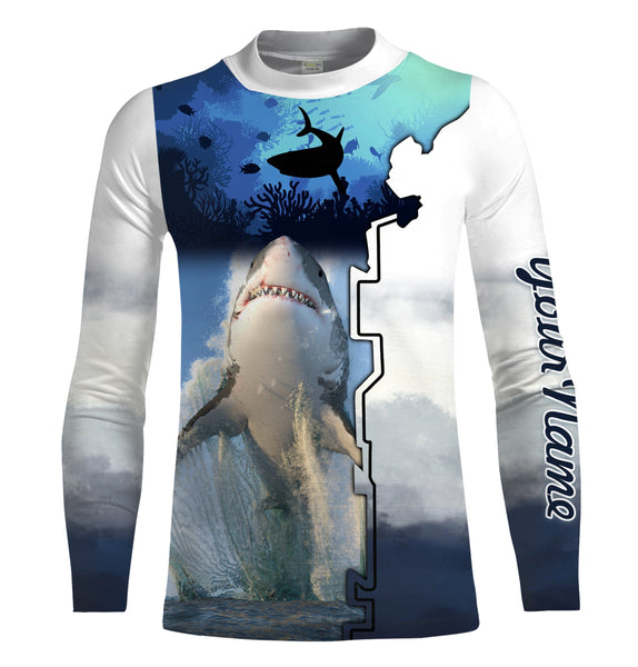 Shark Fishing UV protection Customize name long sleeves fishing shirts UPF 30+, Personalized Fishing Gift NQS1841