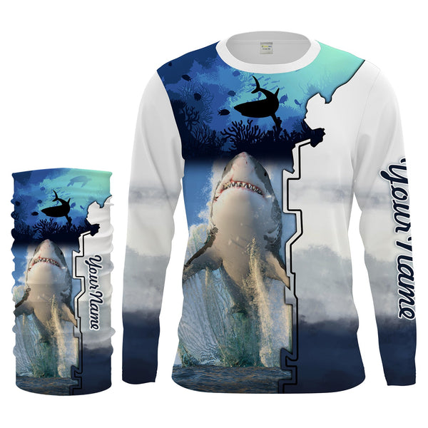 Shark Fishing UV protection Customize name long sleeves fishing shirts UPF 30+, Personalized Fishing Gift NQS1841