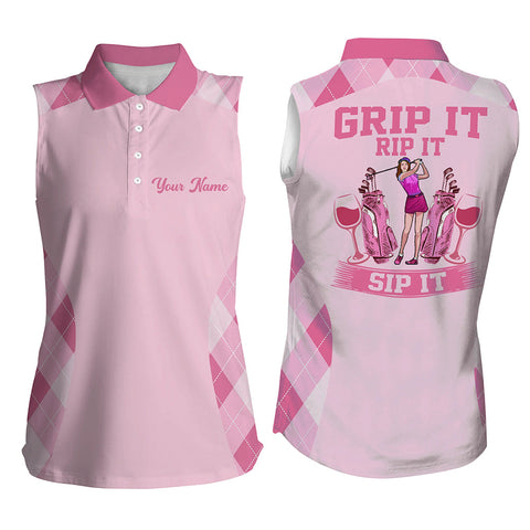 Funny Women sleeveless polo shirt grip it rip it sip it, womens golf tanks golf tops for ladies | Pink NQS5290