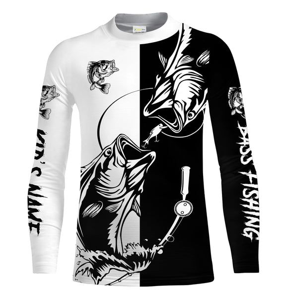 Bass fishing tattoo black and white shirt UV protection quick dry Customize name long sleeves fishing shirts UPF 30+ NQS1461