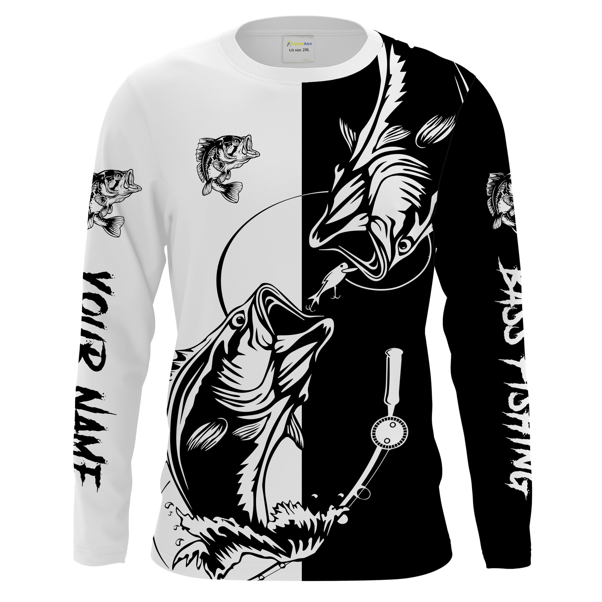 Bass fishing tattoo black and white shirt UV protection quick dry Customize name long sleeves fishing shirts UPF 30+ NQS1461