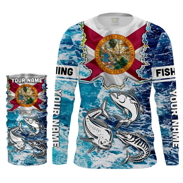 Florida Flag Mahimahi, wahoo, Tuna blue camo performance fishing shirt UV protection customize name long sleeves UPF 30+ NQS2123