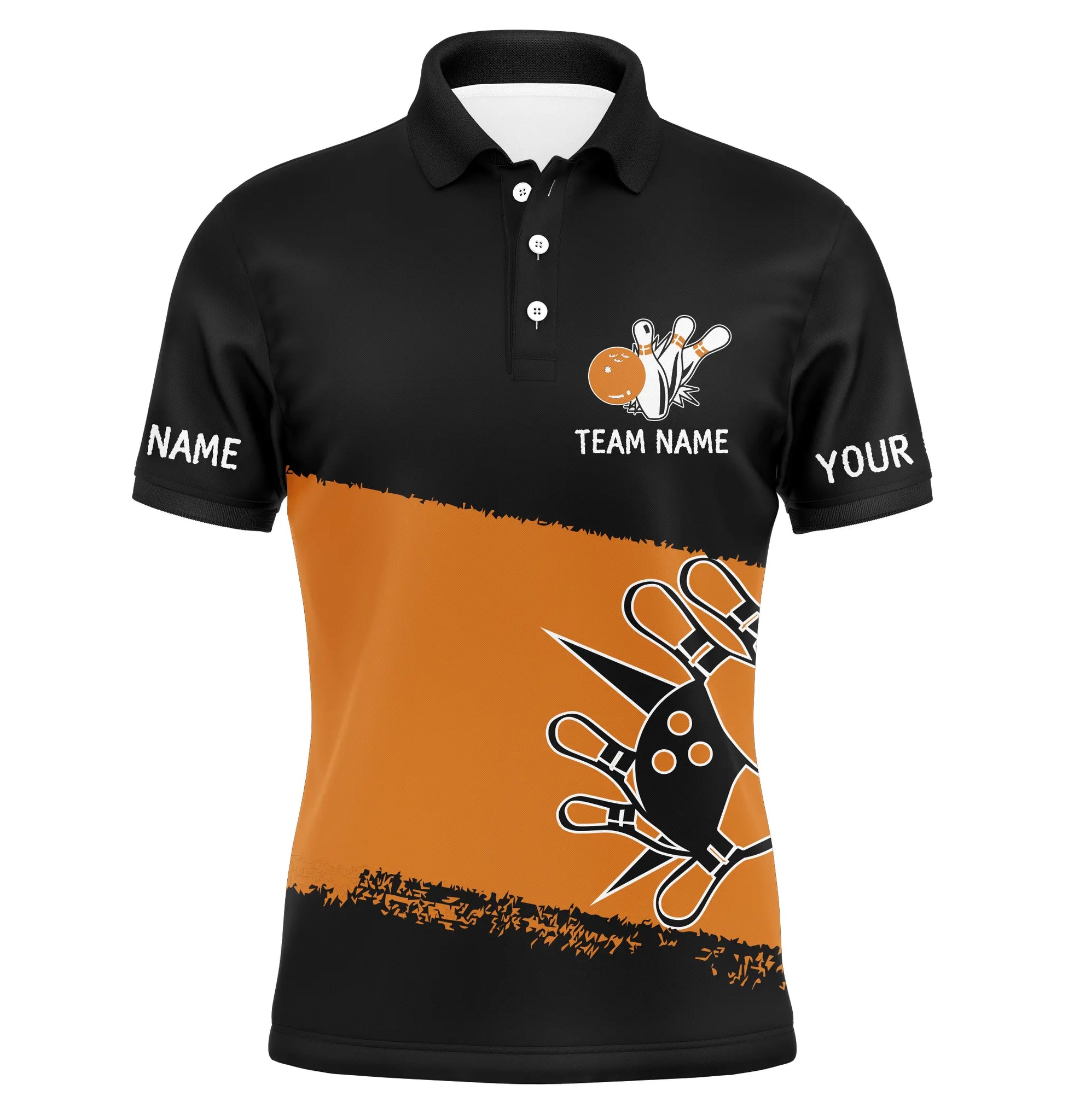 Black orange bowling balls and pins custom team bowling polo shirts for men, team bowling jerseys NQS4769