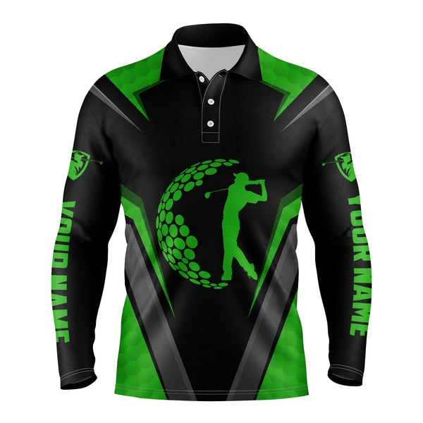 Green black long sleeve golf polo shirts, golf shirts for men, custom gifts for golf lovers NQS3331