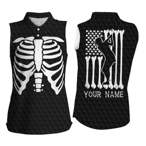 Funny Halloween Womens sleeveless polo shirt Skeleton American flag custom name black white golf shirt NQS3971