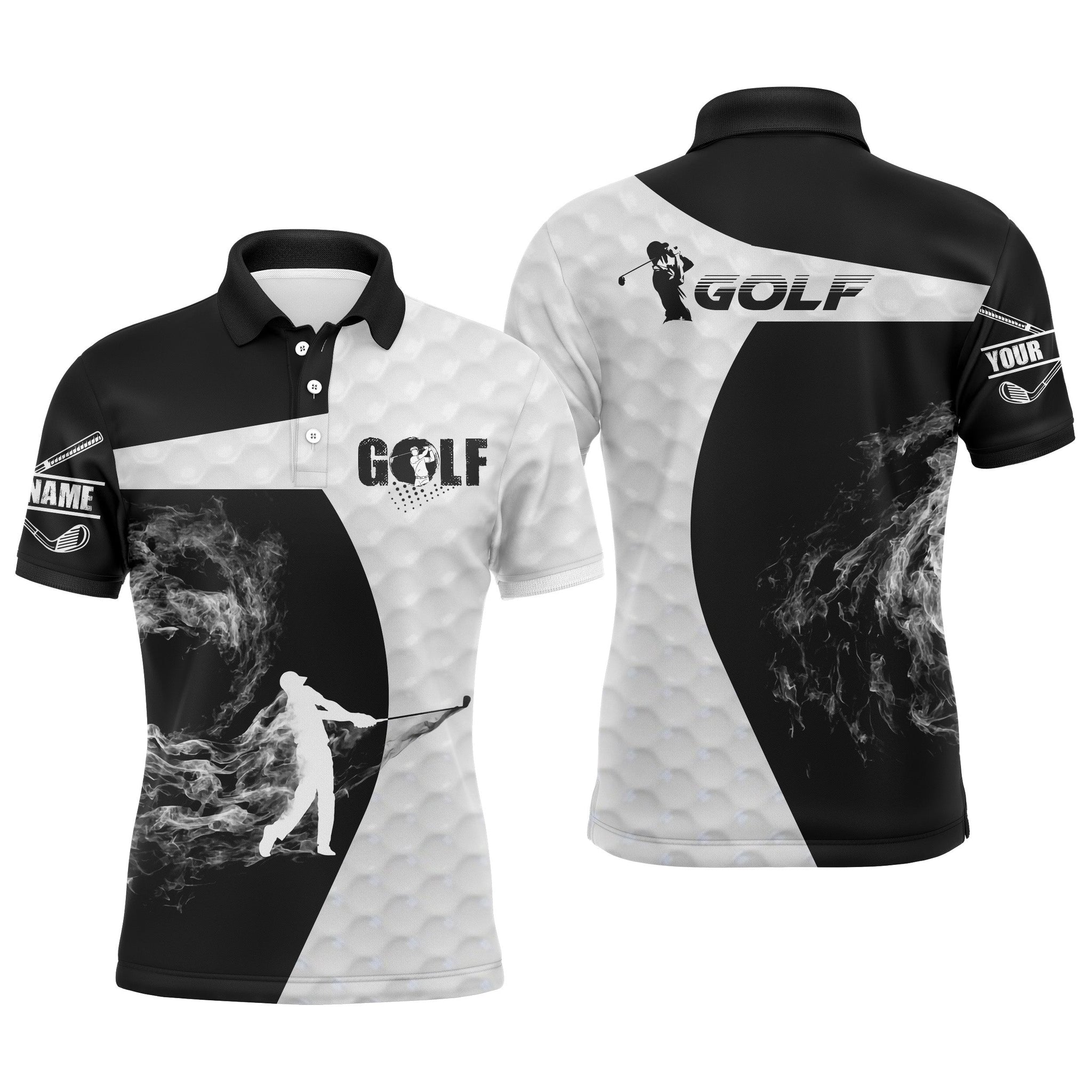 Black and white long sleeve golf polo shirts for mens custom name golf upf shirts, golfer gifts NQS3668