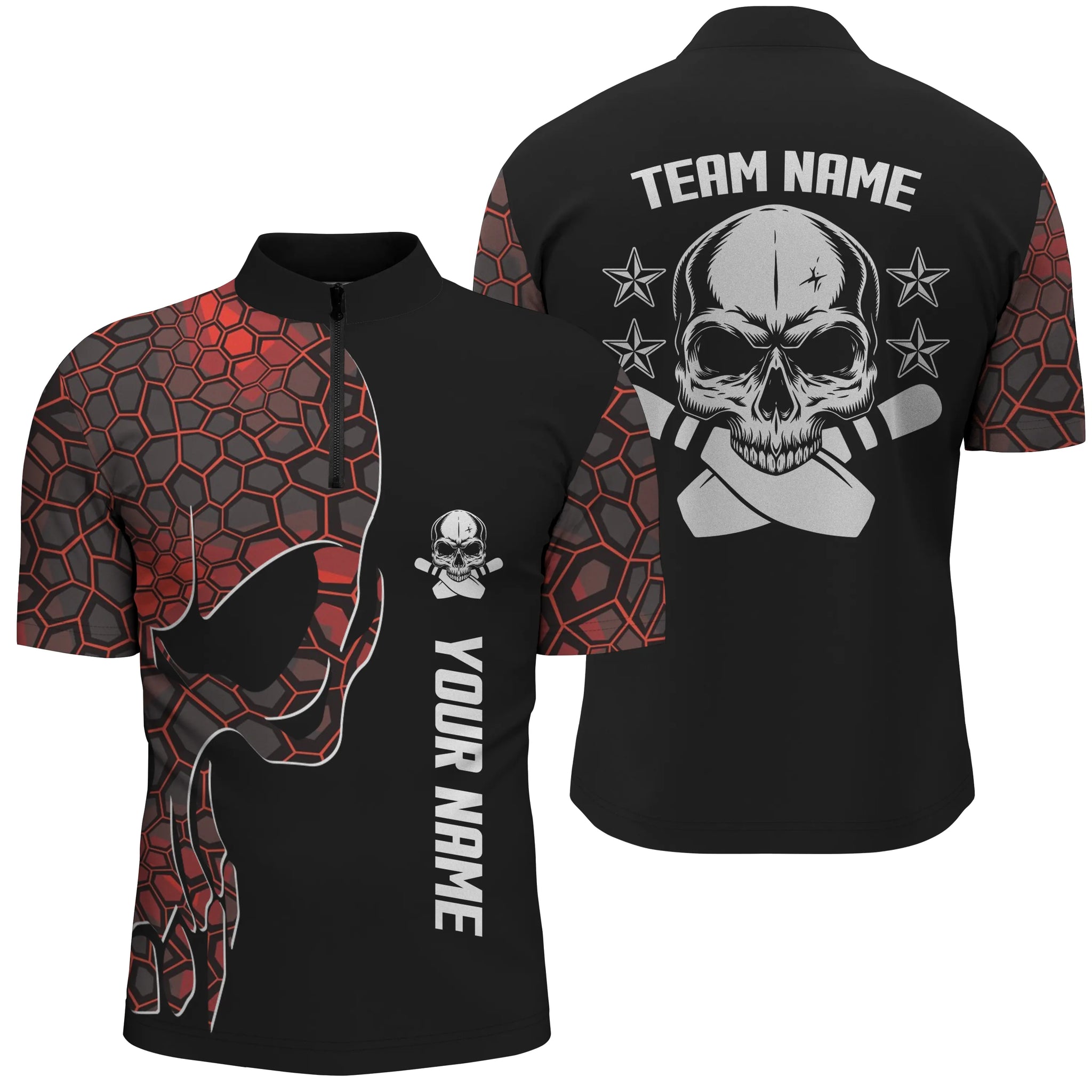 Red camo black Bowling Quarter Zip shirts for men custom team name Skull Bowling, team bowling shirts NQS5060