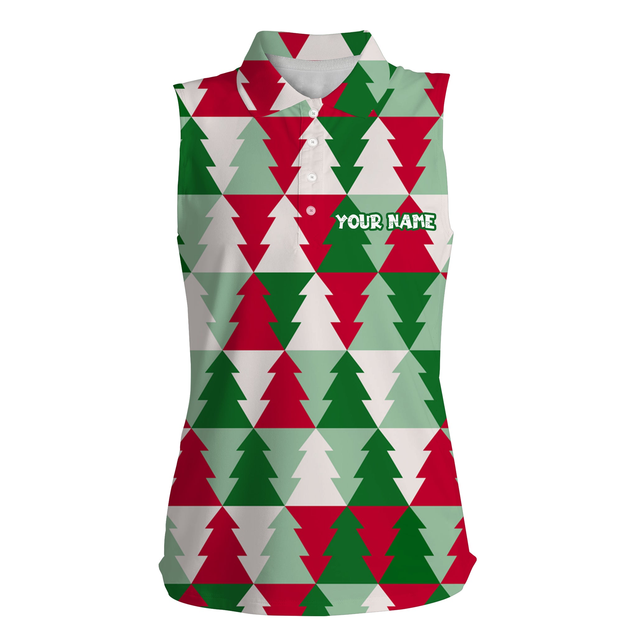 Womens sleeveless polo shirt custom name Christmas tree pattern, Christmas golf gift for women NQS4439