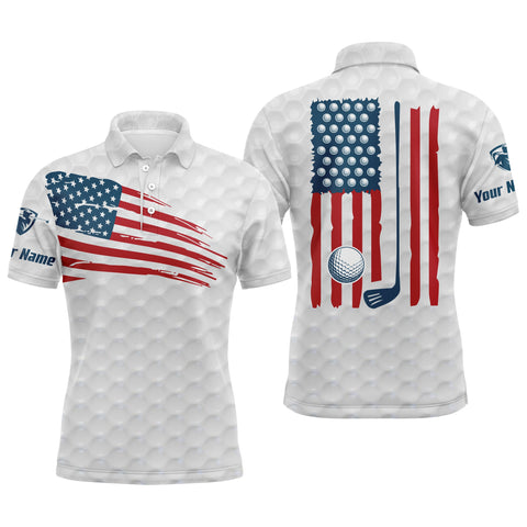 Mens golf polo shirt American flag patriotic golf shirts custom name golf gifts for men | White NQS4002