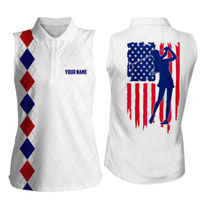 Womens Sleeveless polo shirt American flag patriotic golf shirts custom name golf gifts | White NQS4029