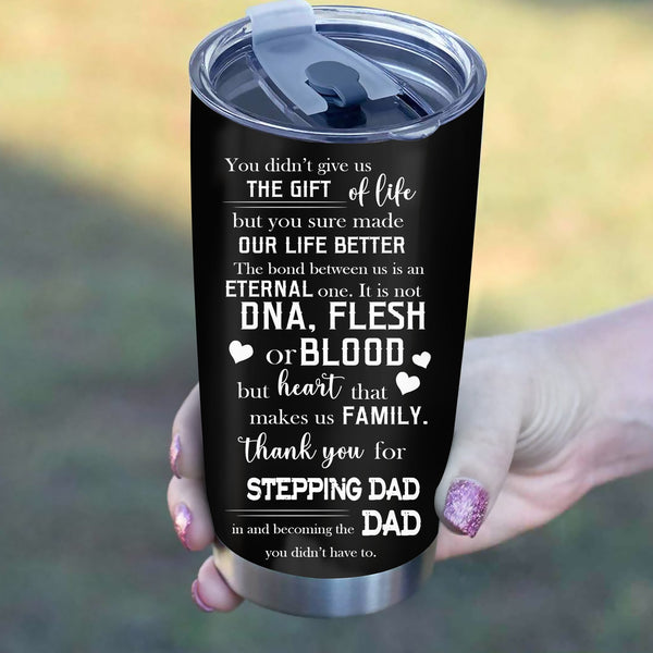 To our bonus dad happy father's day Custom name Full printing Stainless Steel Tumbler Cup - Gifts for stepping Dad NQS1829