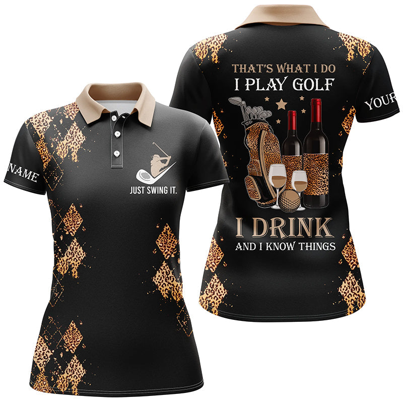 Black leopard Womens golf polo shirts custom name funny golf and wine That's what I do, I play golf NQS4497