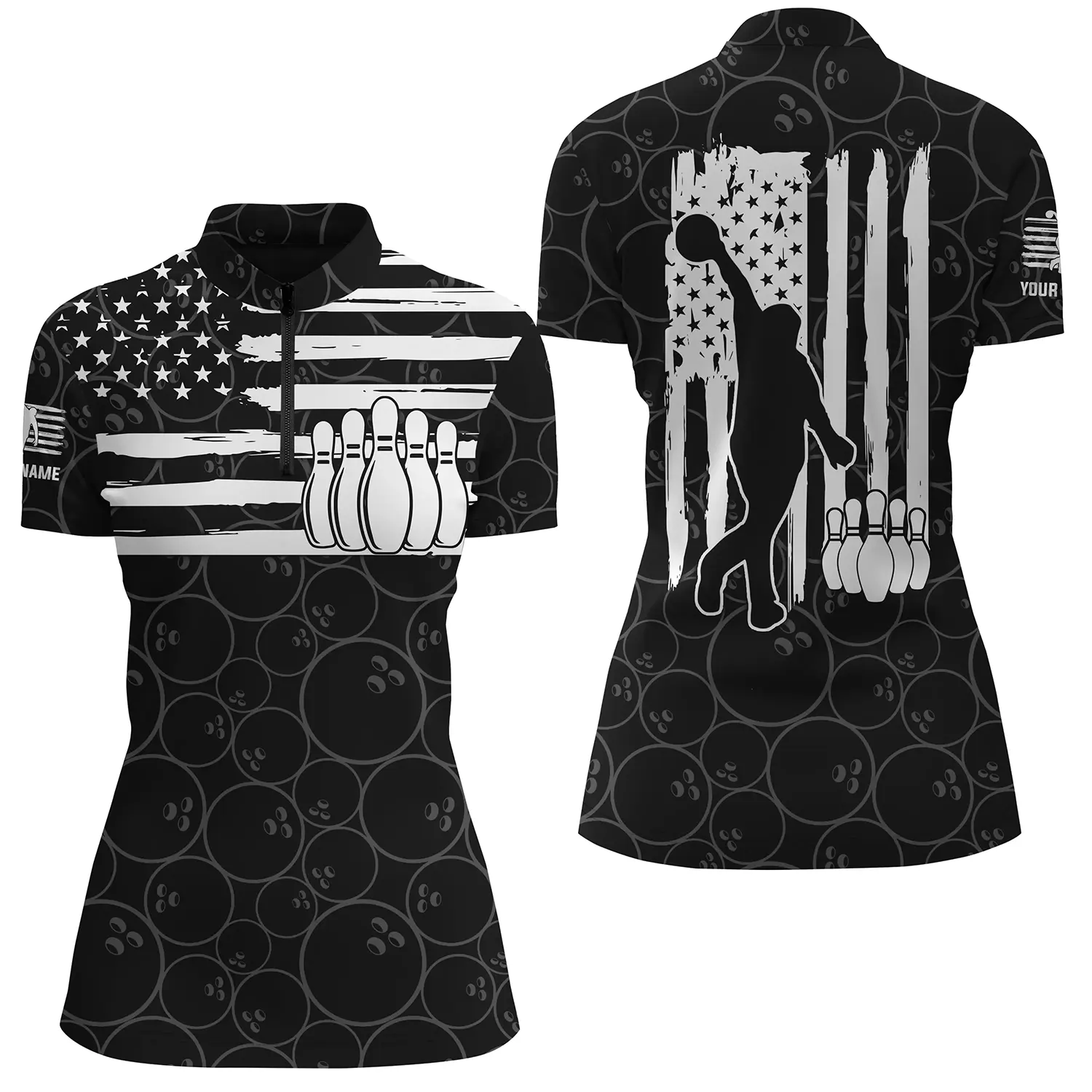 American flag black bowling pattern custom bowling Quarter Zip shirt for women, team bowling jerseys NQS4700