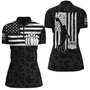 American flag black bowling pattern custom bowling Quarter Zip shirt for women, team bowling jerseys NQS4700