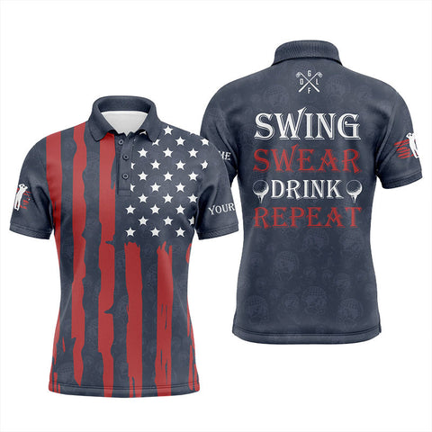 Mens golf polo shirts custom American flag patriotic golf shirt swing swear drink repeat | Navy NQS5680