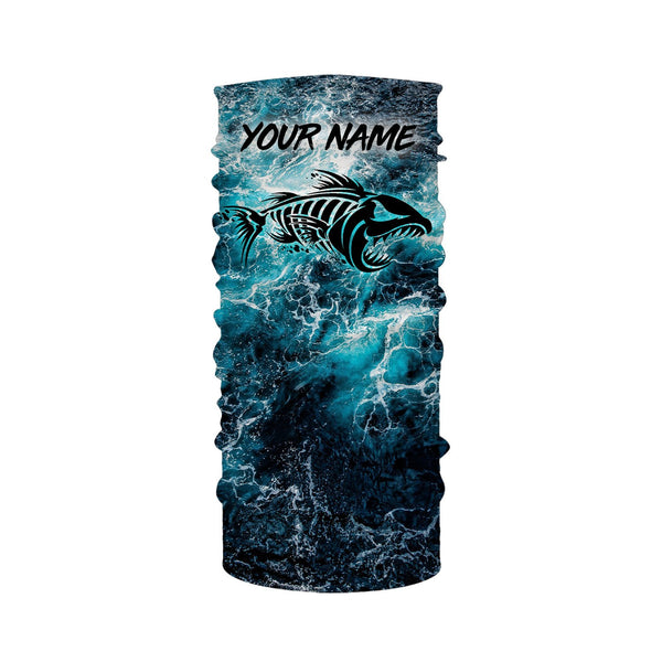 Custom blue ocean fish bone Saltwater Long sleeve Fishing Shirts UV Protection, Sea wave camo Fishing Shirts - NQS2068