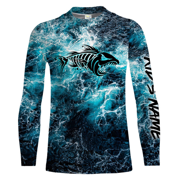 Custom blue ocean fish bone Saltwater Long sleeve Fishing Shirts UV Protection, Sea wave camo Fishing Shirts - NQS2068