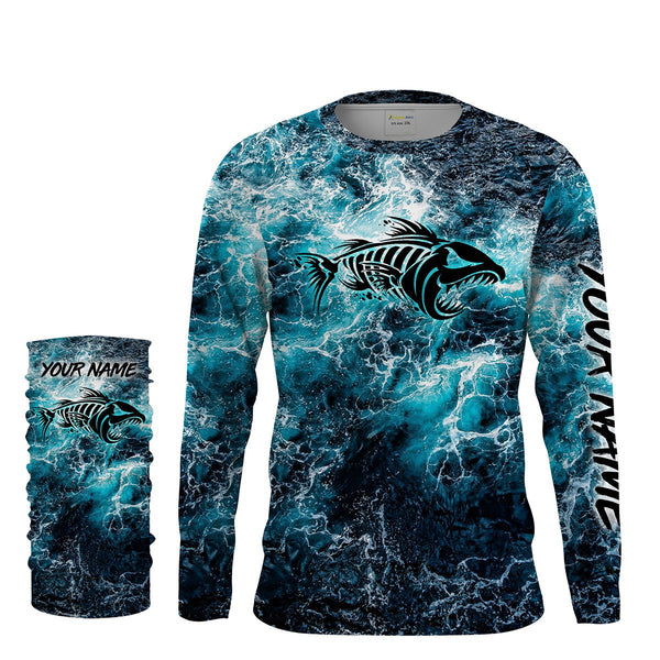 Custom blue ocean fish bone Saltwater Long sleeve Fishing Shirts UV Protection, Sea wave camo Fishing Shirts - NQS2068