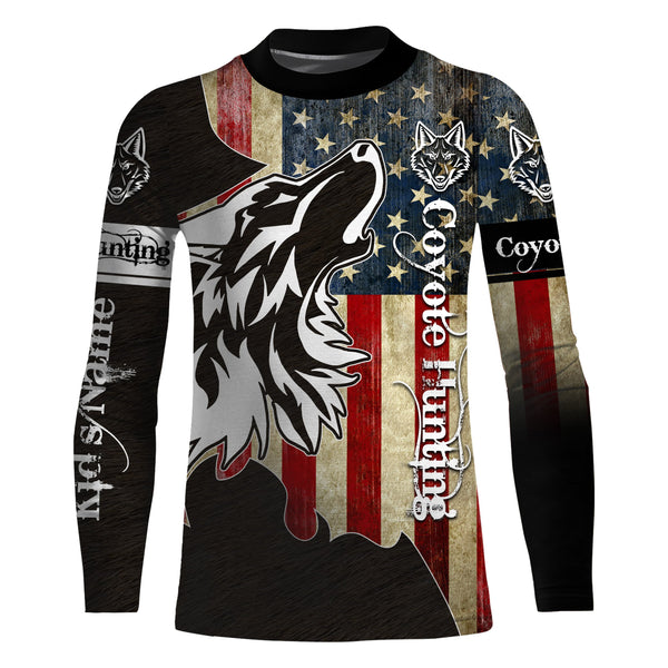 Coyote Hunting Camo American flag patriotic coyote tattoo hunting clothes Customize Name 3D All Over Printed Shirts gift For coyote Hunters NQS1406