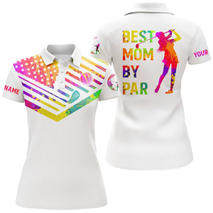 Womens golf polo shirt watercolor American flag custom name best mom by par, Mother's day golf gift NQS5178